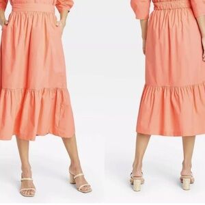 A New Day Coral Peach Tiered Maxi Skirt XL Pockets Boho Summer Midi Pink
